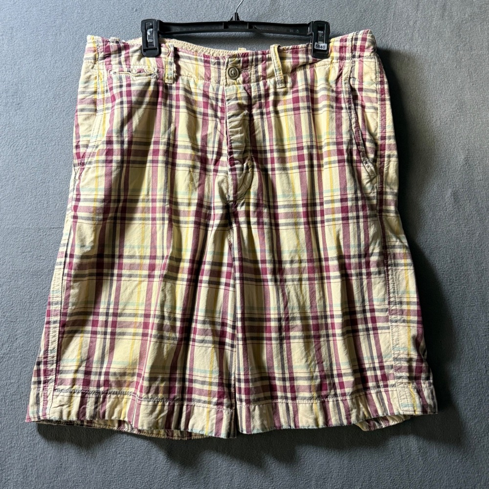 Abercrombie & Fitch Mens 36 Plaid Cargo Shorts Burgundy Cream Yellow Button Fly